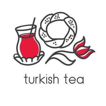 Simple modern vector illustration of turkish symbols: black tea glass, traditional simit bagel, tulip. Hand drawn doodle elements for minimalistic label, logo, badge or card design for cafe or bakery.