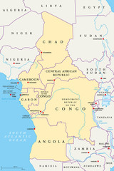 Fototapeta premium Central Africa region, political map. Area with capitals, borders, lakes and important rivers. Core region of the African continent, also called Middle Africa. English labeling. Illustration. Vector.
