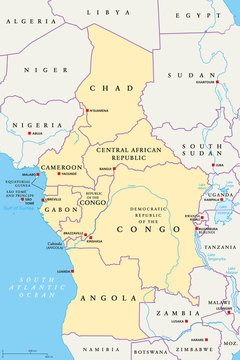 Central Africa region, political map. Area with capitals, borders, lakes and important rivers. Core region of the African continent, also called Middle Africa. English labeling. Illustration. Vector.