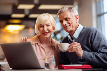 Fototapeta na wymiar Hello sweetheart. Low angle of joyful glad mature couple posing on the blurred background and staring at screen while man enjoying coffee