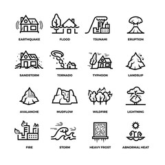 Natural disaster accidents line vector icons and damage symbols