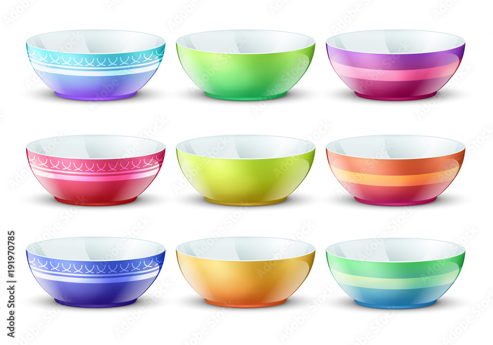 Wall mural Colourful empty bowls isolated. Porcelain kitchen food plates vector set