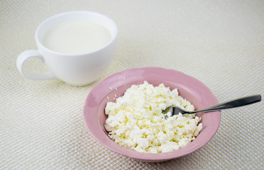 Cottage cheese and milk on a light background.