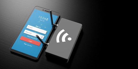 Login with wifi on a smartphone screen and router on black background, banner, copy space. 3d illustration