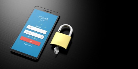 Smartphone protection. Login with wifi on a smart phone screen and padlock on black background, banner, copy space. 3d illustration