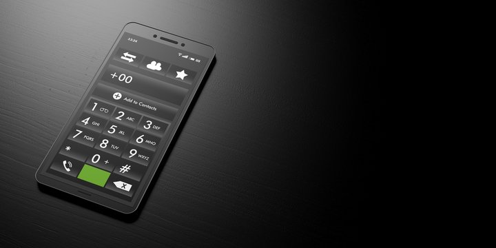 Smart phone number keypad on a black background, banner, copy space. 3d illustration