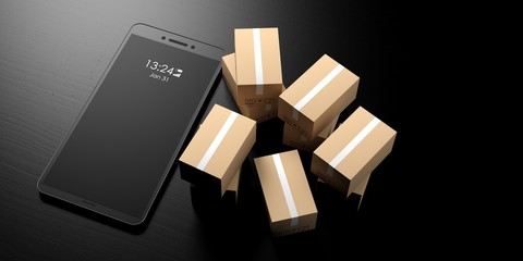 Online order. Smartphone with blank black screen and moving boxes on a black background, banner, copy space. 3d illustration