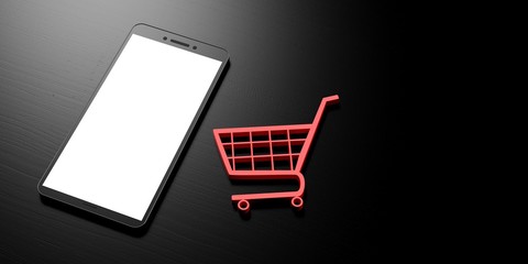 Smartphone online shopping. Smartphone with blank white screen and a shopping trolley on a black background, banner, copy space. 3d illustration