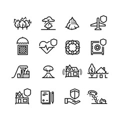 Insurance cases and natural disasters line icons. Property, life and health safety outline symbols