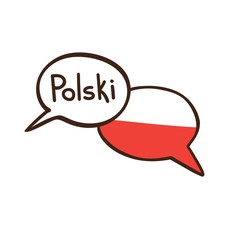 Vector illustration with two hand drawn doodle speech bubbles with a national flag of Poland and hand written name of the Polish language. Modern design for language course or translation agency.