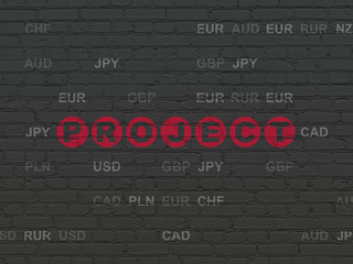 Business concept: Painted red text Project on Black Brick wall background with Currency