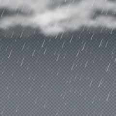 Rain vector 3d illustration with falling water drops and grey storm clouds