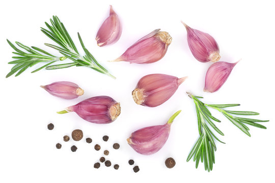garlic with rosemary and peppercorn isolated on white background. Top view. Flat lay pattern