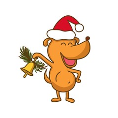 Vector illustration with cute happy dog in red hat and hand bell with fir branch. New Year and Christmas cartoon character isolated on white background. 