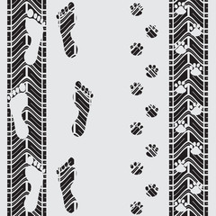 Tire tracks and footprints