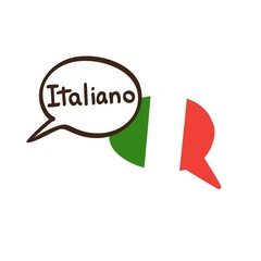 Vector illustration with two hand drawn doodle speech bubbles with a national flag of Italy and hand written name of the Italian language. Modern design for language course or translation agency.