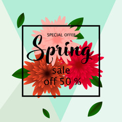 Spring sale banner paper flower on colorful background.