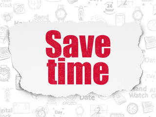 Timeline concept: Painted red text Save Time on Torn Paper background with  Hand Drawing Time Icons