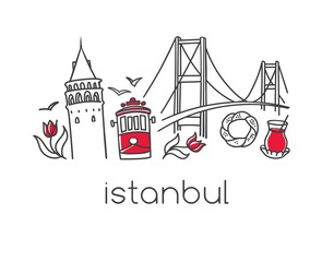 Modern vector illustration Istanbul with hand drawn doodle turkish symbols: Bosphorus bridge, tea glass, simit bagel, Galata tower, tulip, tram. Minimal design with black outline isolated on white.
