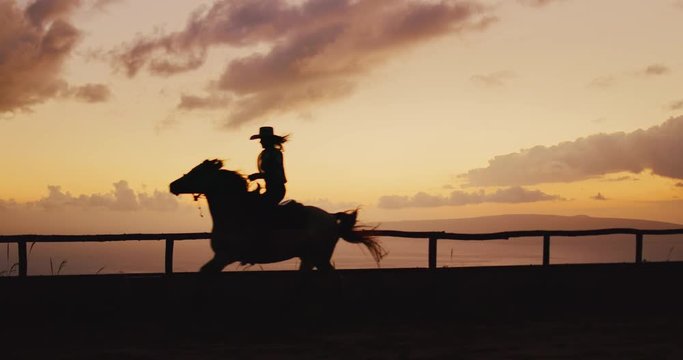 Silhouette of woman horseback riding at sunset