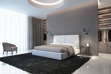 Modern grey and white bedroom with walk in closet