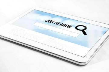 Online job search engine website on tablet screen. Browsing work websites to get hired. Jobseeking on internet. Modern unemployment, hiring and recruitment concept.