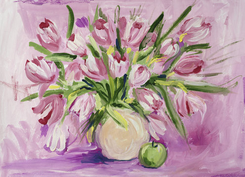 Still life with tulips and apple