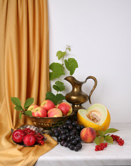 still life fruit objects food utensils pitchers cups composition tasty appetizing fresh white background dutch style