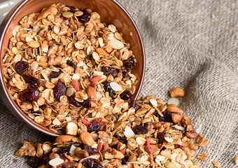 Granola from several types of cereals with nuts,coconut chips and dried cranberry.