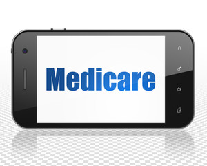 Medicine concept: Smartphone with blue text Medicare on display, 3D rendering