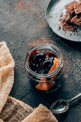 close-up view of gourmet chocolate dessert in glass jar