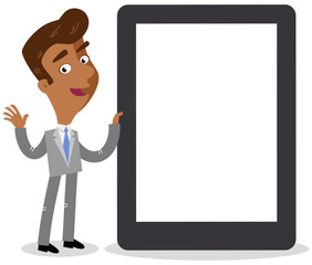 Vector illustration of a friendly asian cartoon businessman standing next to giant tablet computer isolated on white background