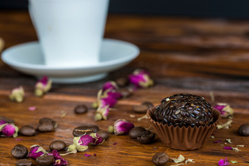 Handmade vegan raw truffles and candies with coconut and nuts