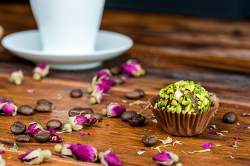 Handmade vegan raw truffles and candies with coconut and nuts