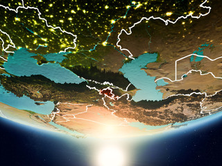 Armenia with sun on planet Earth