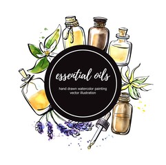 Vector illustration with essential oil bottles, flower and plant. Hand drawn elements in circle composition with black round label and place for your text. Isolated black outline and colorful stains.