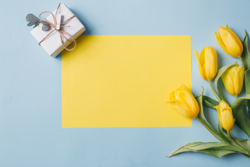 Mother's Day Composition: Yellow tulips, blank with copy space and a gift boxes on a blue background. Top view.Flat lay.