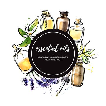 Vector illustration with essential oil bottles, flower and plant. Hand drawn elements in circle composition with black round label and place for your text. Isolated black outline and colorful stains.