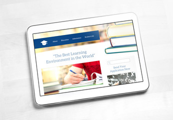 School website homepage design on tablet screen. College application or applying for University...