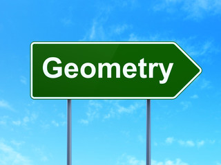 Learning concept: Geometry on green road highway sign, clear blue sky background, 3D rendering