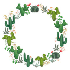 Wreath with cacti, succulents and floral elements. Vintage vector botanical illustration in watercolor style.