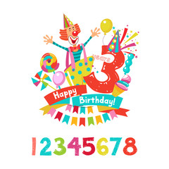 Happy birthday. The invitation to the birthday in the style of a circus show. Vector illustration.