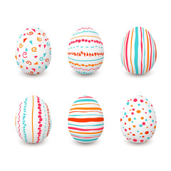 Set of white Easter eggs with simple pink, orange, red, blue stripes, patterns points, confetti, waves, flourishes
