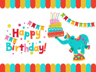 Happy birthday. The invitation to the birthday in the style of a circus show. Vector illustration.