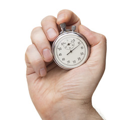 man's hand with stop watch isolated on white background