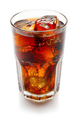 glass of cola with ice isolated on white background