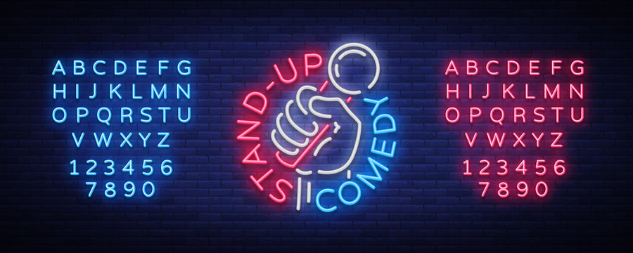 Comedy Show Stand Up Invitation Is A Neon Sign. Logo, Emblem Bright Flyer, Light Poster, Neon Banner, Night Commercials Advertisement, Card, Postcard. Vector Illustration. Editing Text Neon Sign