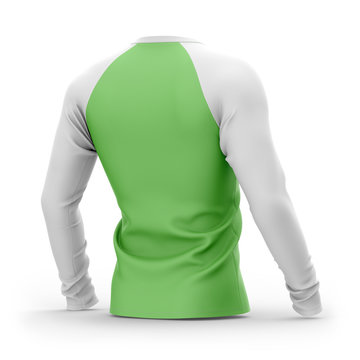Men's Green T Shirt With Long White Raglan Sleeves. 3d