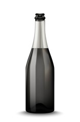 Vector Realistic black with silver open Champagne bottle isolated on white background. Mockup template blank for product packing advertisement.