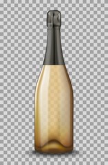 Vector Realistic gold with black closed Champagne bottle isolated on transparent background. Mockup template blank for product packing advertisement.